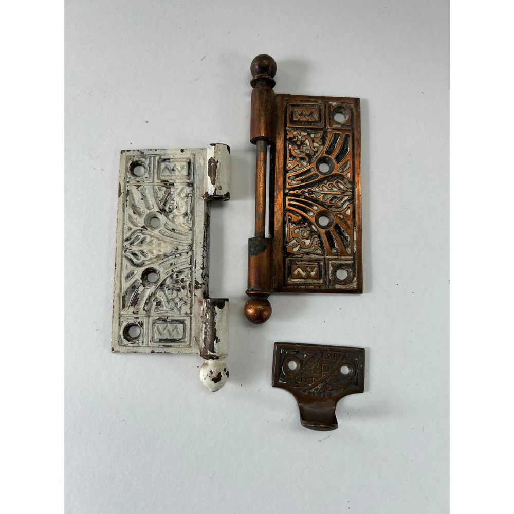 Antique Eastlake Victorian Door Hinge Set Cast Metal Ornate Copper White 3.5in
